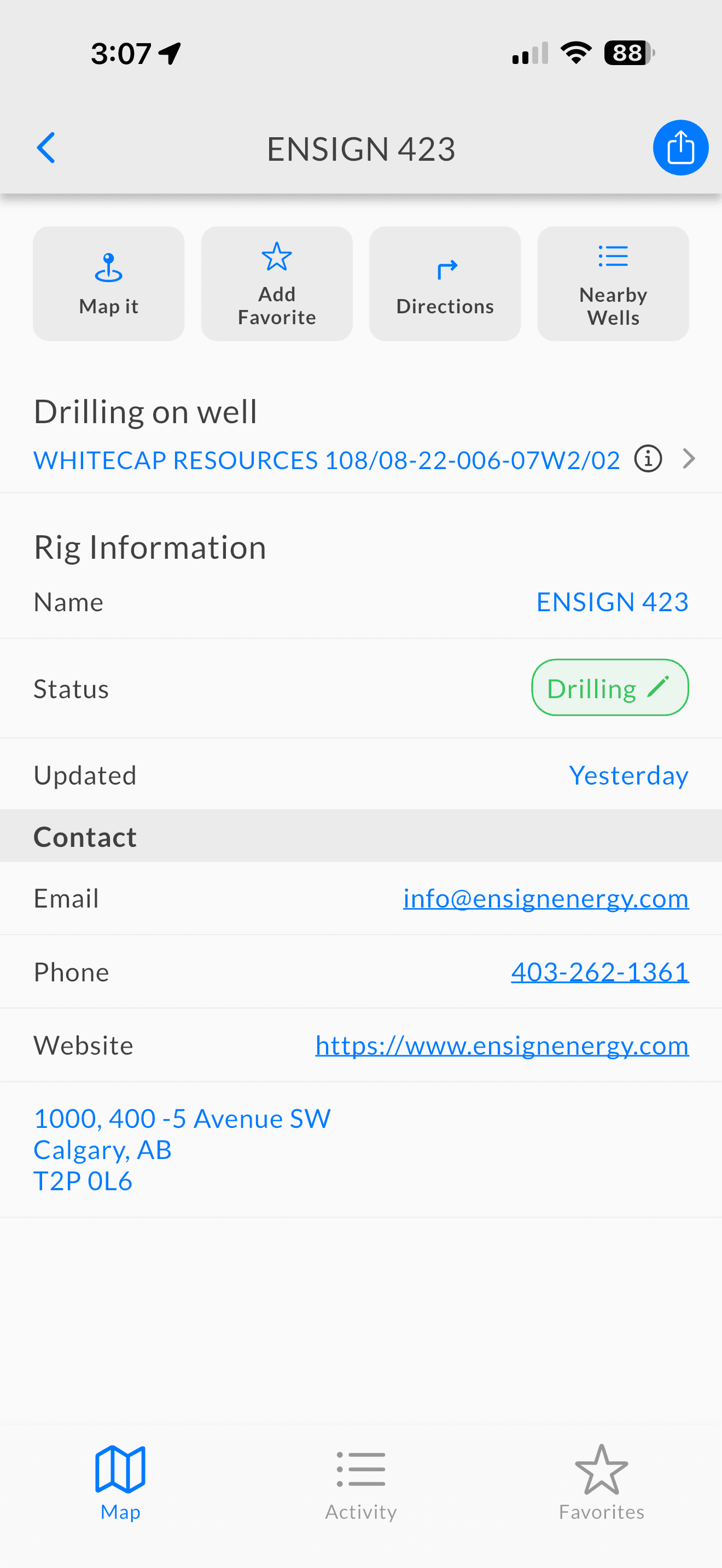 Rig details screen showing key wellsite and rig information