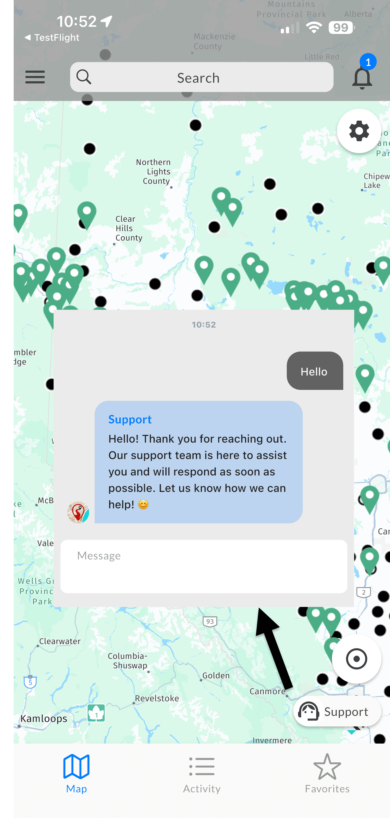 In-app support screen with direct help options for field users