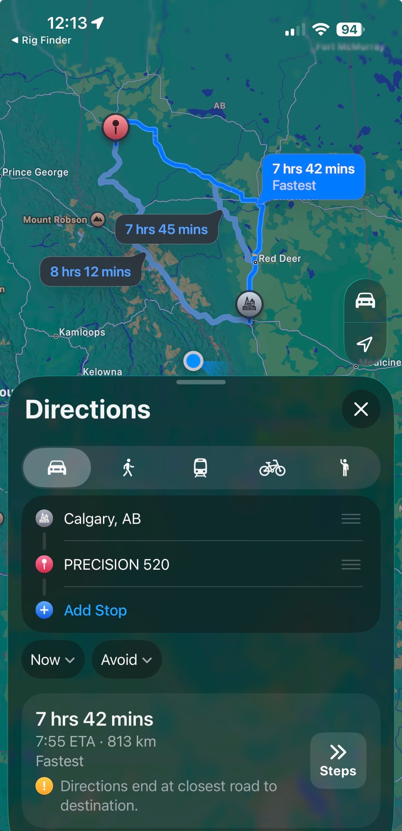Turn-by-turn directions from Calgary AB to Precision 520 rig showing multiple route options