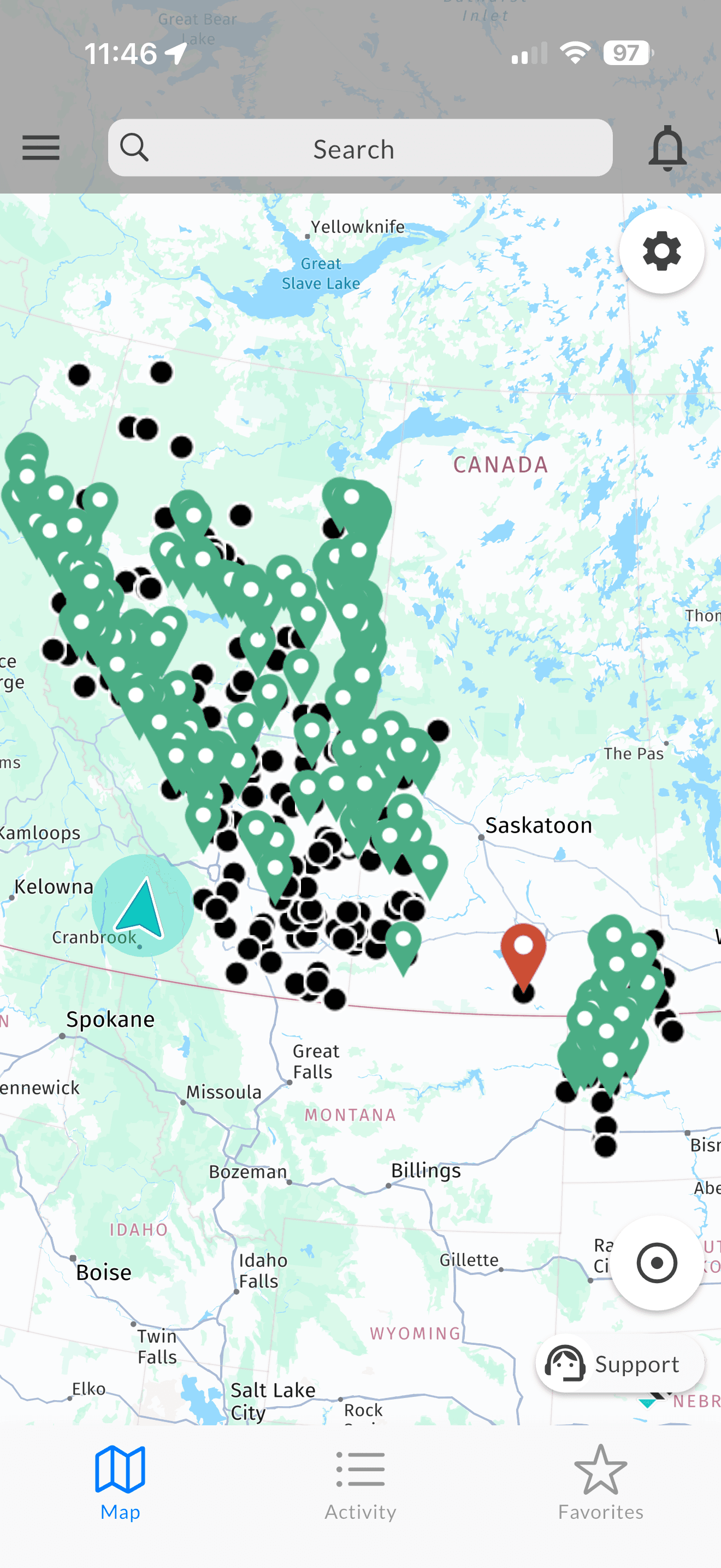 Rig Finder map view showing drilling rig locations across Western Canada