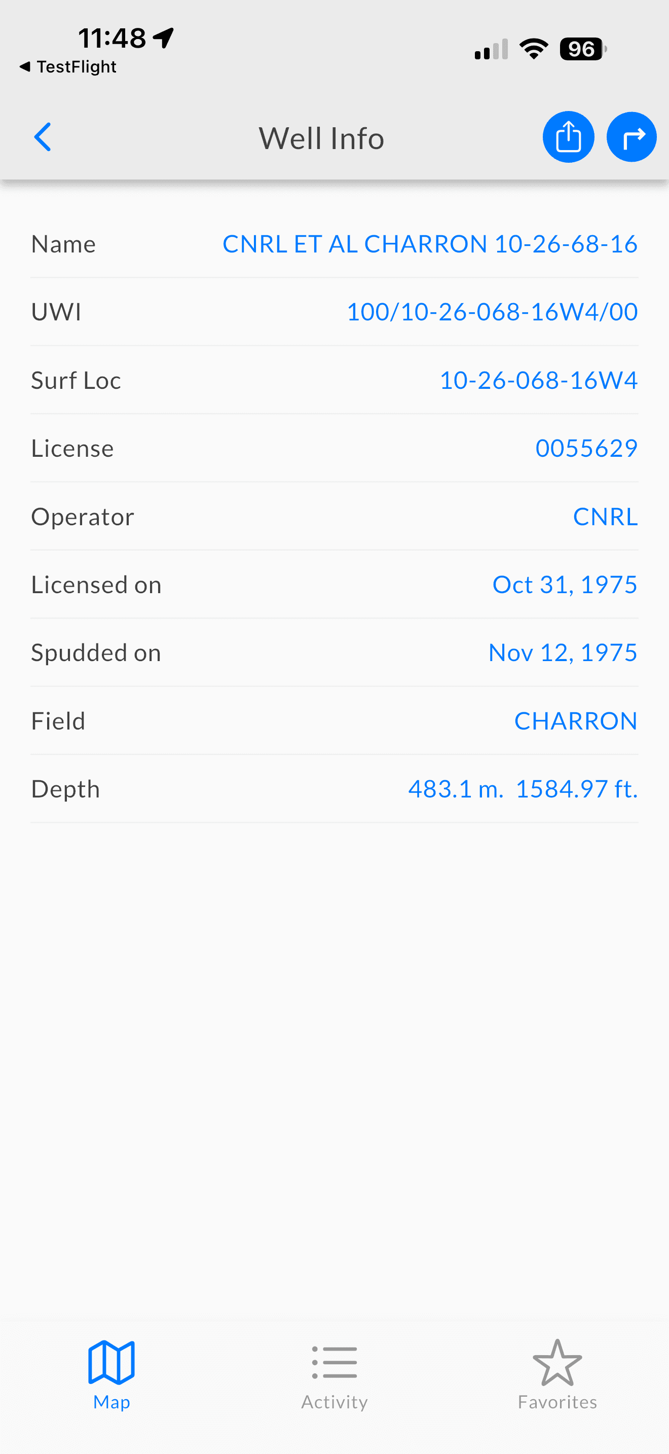 Well Info detail screen showing well name, UWI, operator, license, spud date, field and depth
