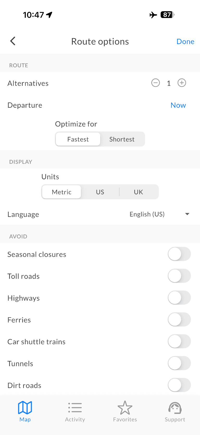 Route options screen showing fastest or shortest route optimization and road avoidance settings