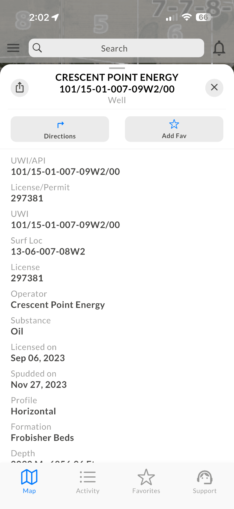 Well details screen for Crescent Point Energy showing API, license, operator, substance, spud date, formation and depth